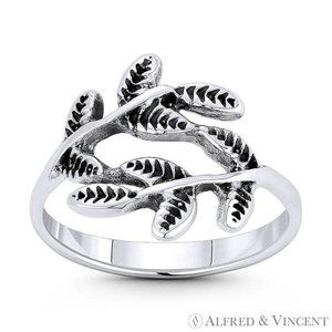 Olive Branch & Leaf Charm Stackable Bypass Ring in .925 Sterling Silver - Size 7